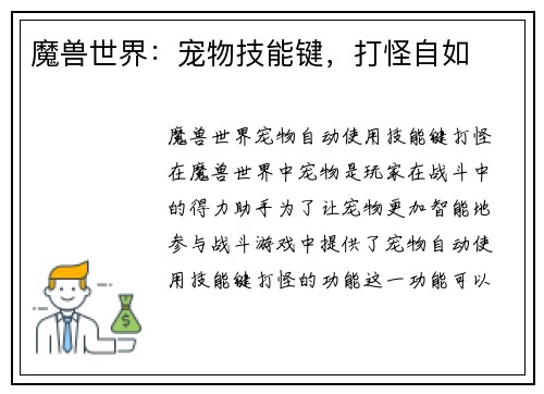 魔兽世界：宠物技能键，打怪自如